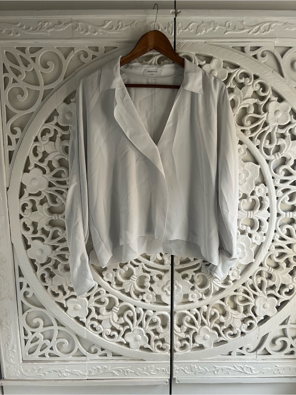 Babaton White Wrap Front Blouse Size L Long Sleeve Career Office Top